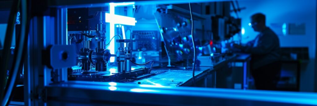 UV laser technology being used to manufacture a detailed stent, illustrating the precision and cleanliness required in medical device production