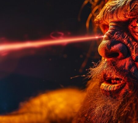 Caveman looking at laser beam