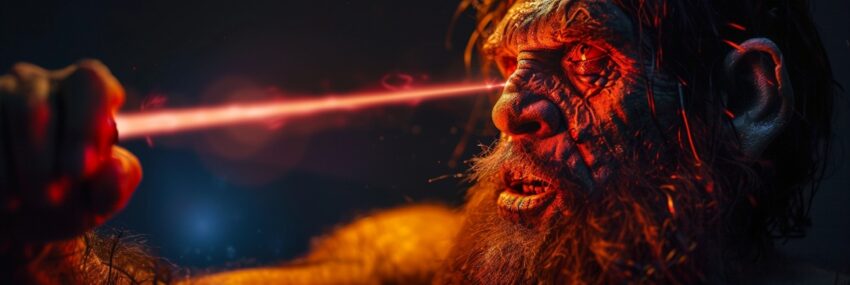Caveman looking at laser beam