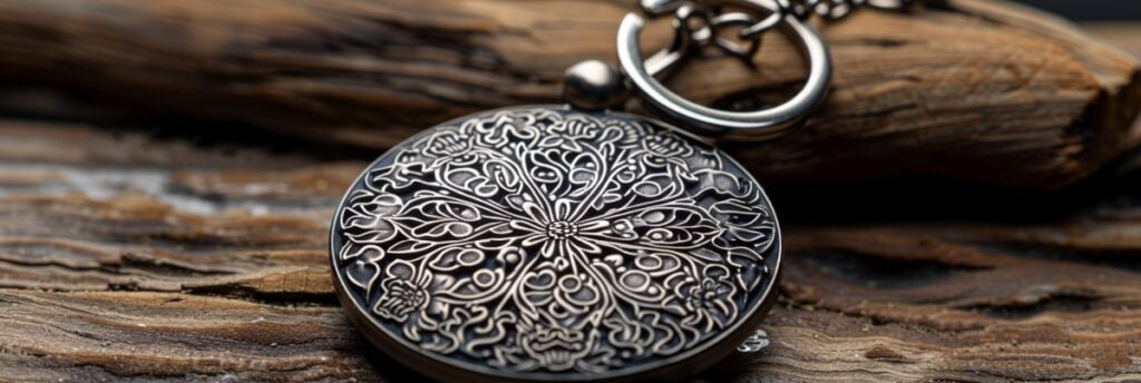 Laser engraved metal keychain with floral design