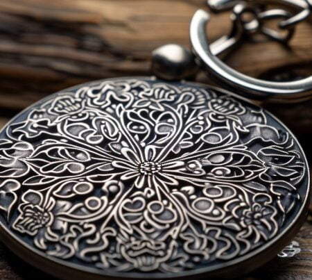 Laser engraved metal keychain with floral design