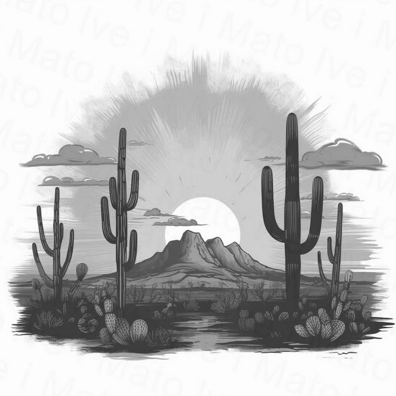 Cactus Prairie Engraving File – Desert Landscape - grayscale