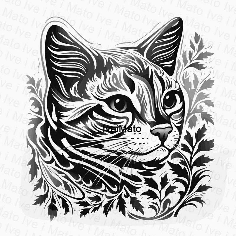 cat portrait engraving - grayscale