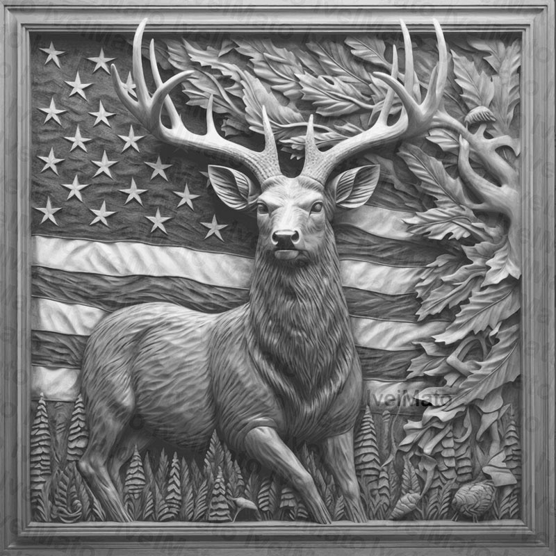 Deer American flag engraving - grayscale